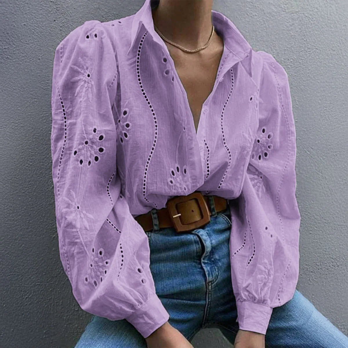 2025 Autumn New Solid Shirt Casual Loose Fashion Hollow Puff Sleeve Cardigan Tops For Women Office Black Hollow out Blouses 10