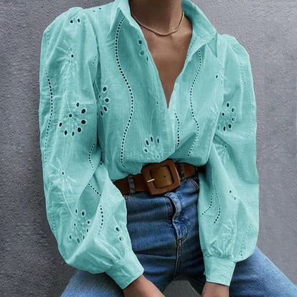 2025 Autumn New Solid Shirt Casual Loose Fashion Hollow Puff Sleeve Cardigan Tops For Women Office Black Hollow out Blouses 11