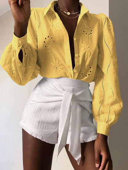 2025 Autumn New Solid Shirt Casual Loose Fashion Hollow Puff Sleeve Cardigan Tops For Women Office Black Hollow out Blouses 12