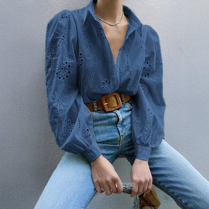 2025 Autumn New Solid Shirt Casual Loose Fashion Hollow Puff Sleeve Cardigan Tops For Women Office Black Hollow out Blouses 2