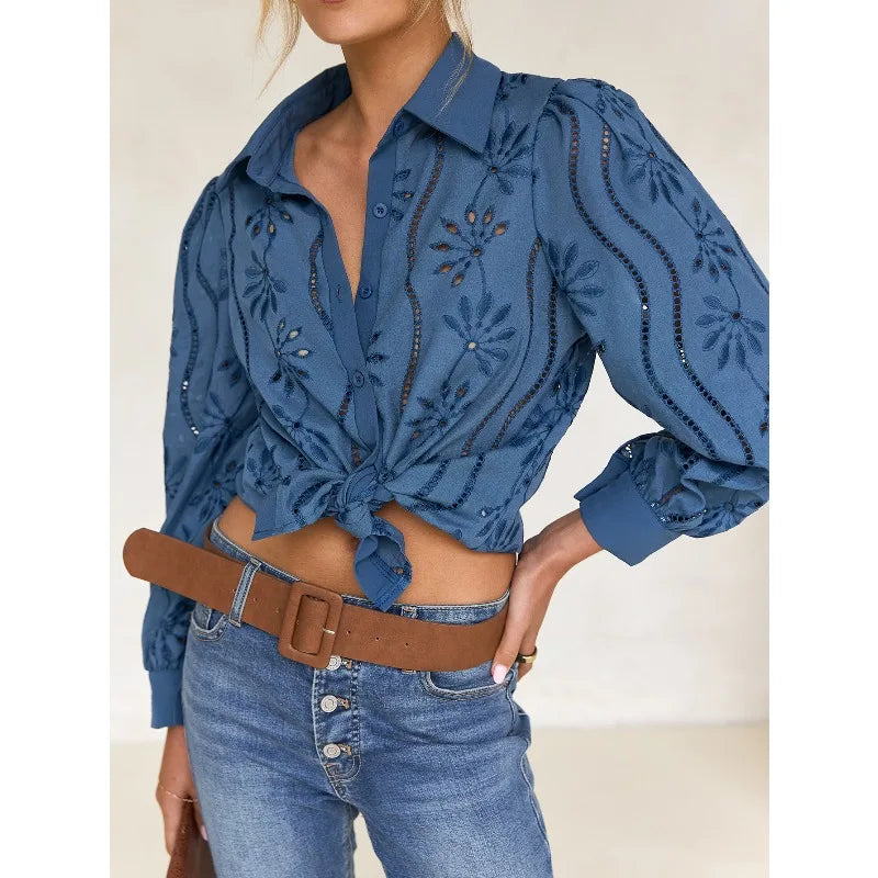 2025 Autumn New Solid Shirt Casual Loose Fashion Hollow Puff Sleeve Cardigan Tops For Women Office Black Hollow out Blouses 3