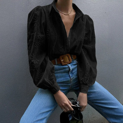 2025 Autumn New Solid Shirt Casual Loose Fashion Hollow Puff Sleeve Cardigan Tops For Women Office Black Hollow out Blouses 4