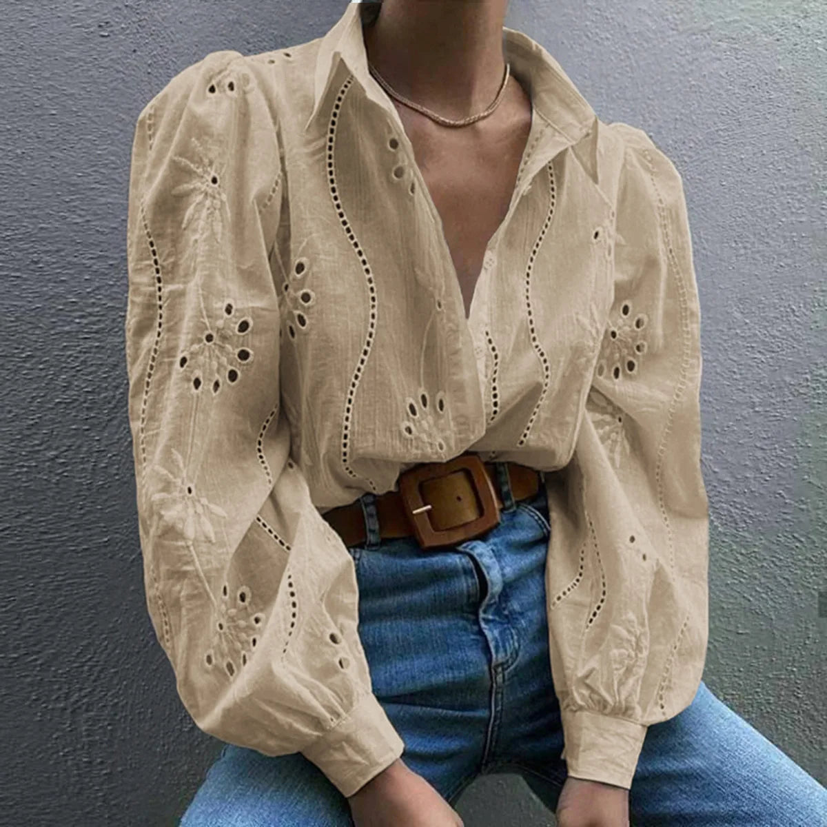 2025 Autumn New Solid Shirt Casual Loose Fashion Hollow Puff Sleeve Cardigan Tops For Women Office Black Hollow out Blouses 5