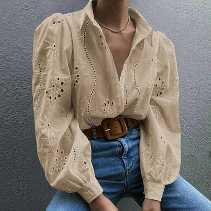 2025 Autumn New Solid Shirt Casual Loose Fashion Hollow Puff Sleeve Cardigan Tops For Women Office Black Hollow out Blouses 5