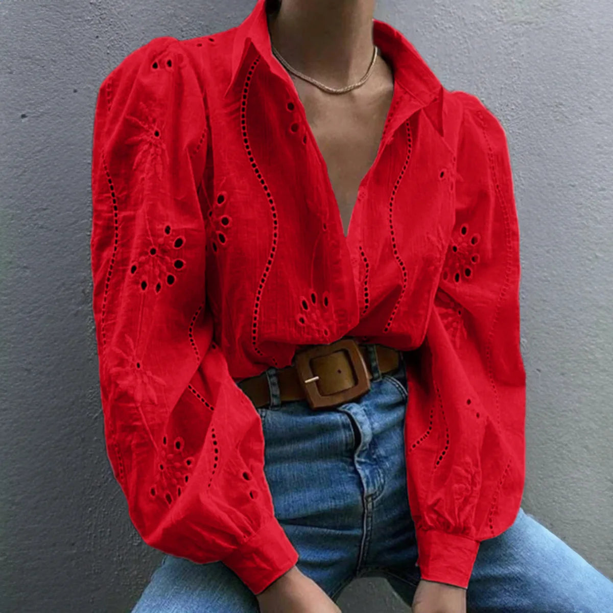 2025 Autumn New Solid Shirt Casual Loose Fashion Hollow Puff Sleeve Cardigan Tops For Women Office Black Hollow out Blouses 7