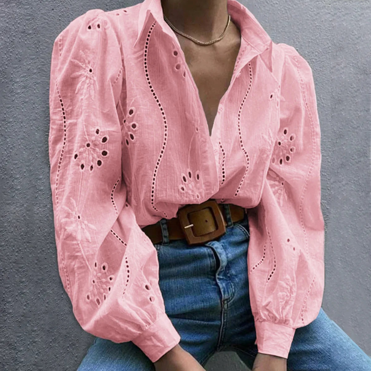 2025 Autumn New Solid Shirt Casual Loose Fashion Hollow Puff Sleeve Cardigan Tops For Women Office Black Hollow out Blouses 8