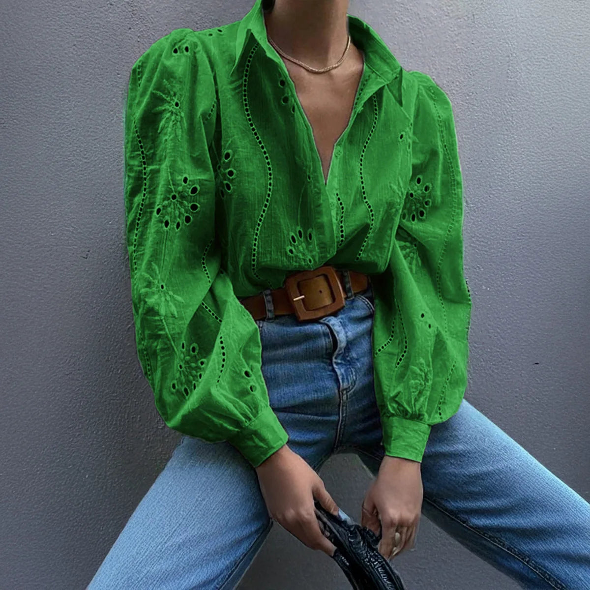 2025 Autumn New Solid Shirt Casual Loose Fashion Hollow Puff Sleeve Cardigan Tops For Women Office Black Hollow out Blouses 9