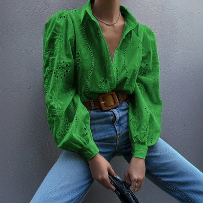2025 Autumn New Solid Shirt Casual Loose Fashion Hollow Puff Sleeve Cardigan Tops For Women Office Black Hollow out Blouses 9