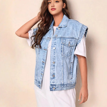 2025 New Casual Fashionable Denim Vest Jacket Simple Style Women's Outerwear Cotton Solid Color No Decoration Origin China 0