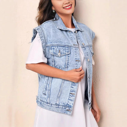 2025 New Casual Fashionable Denim Vest Jacket Simple Style Women's Outerwear Cotton Solid Color No Decoration Origin China 1