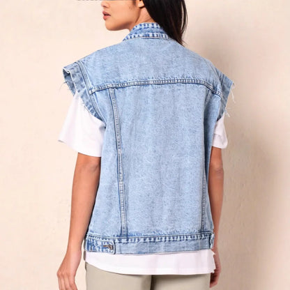 2025 New Casual Fashionable Denim Vest Jacket Simple Style Women's Outerwear Cotton Solid Color No Decoration Origin China 3