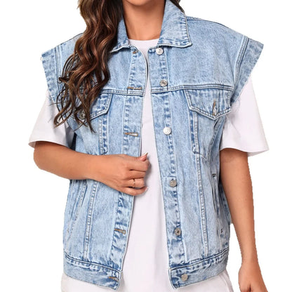 2025 New Casual Fashionable Denim Vest Jacket Simple Style Women's Outerwear Cotton Solid Color No Decoration Origin China 4