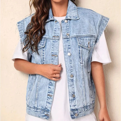 2025 New Casual Fashionable Denim Vest Jacket Simple Style Women's Outerwear Cotton Solid Color No Decoration Origin China 5