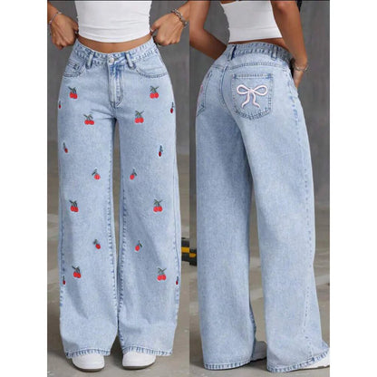 2026 Women Jeans Embroidery High Waist Distressed Washed Denim Wide Leg Pants Pockets Vintage Floor Length Trousers Streetwear 0