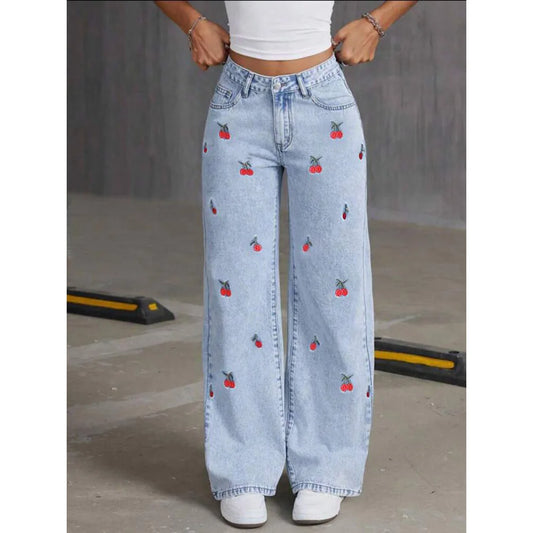 2026 Women Jeans Embroidery High Waist Distressed Washed Denim Wide Leg Pants Pockets Vintage Floor Length Trousers Streetwear 1