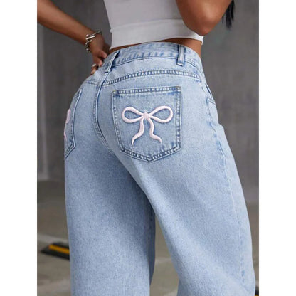 2026 Women Jeans Embroidery High Waist Distressed Washed Denim Wide Leg Pants Pockets Vintage Floor Length Trousers Streetwear 2
