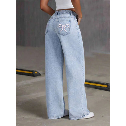 2026 Women Jeans Embroidery High Waist Distressed Washed Denim Wide Leg Pants Pockets Vintage Floor Length Trousers Streetwear 4