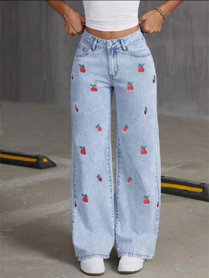 2026 Women Jeans Embroidery High Waist Distressed Washed Denim Wide Leg Pants Pockets Vintage Floor Length Trousers Streetwear 5