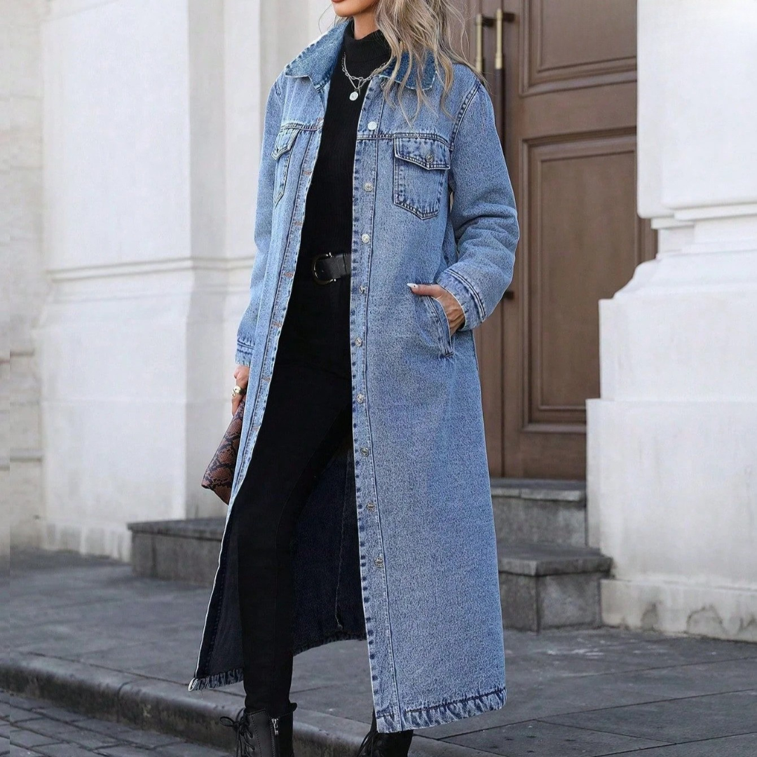 Long Denim Jacket with Relaxed Button-Front Fit
