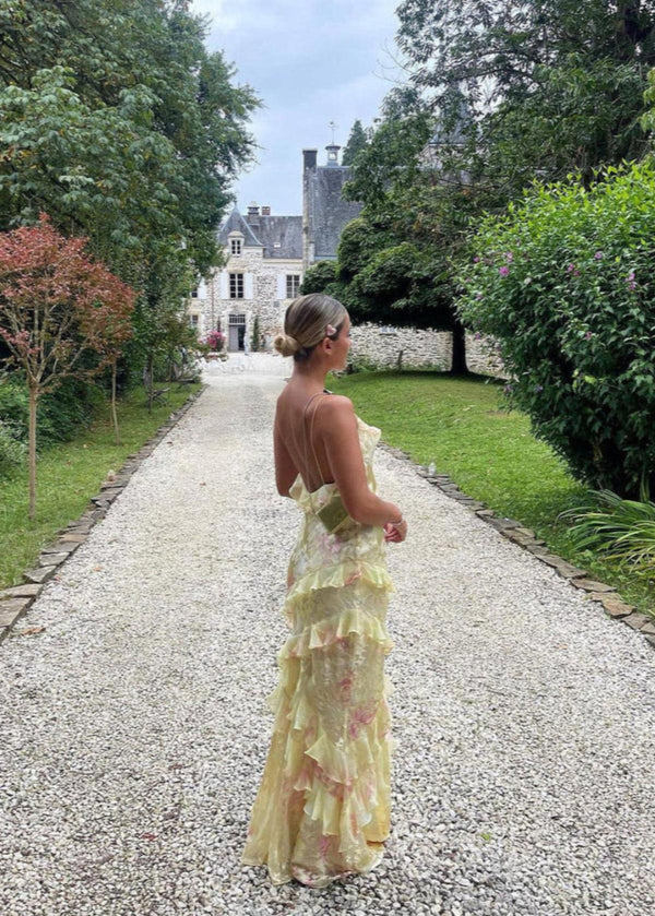 Airborne gelbes Maxikleid mit Blumenmuster und Rüschen