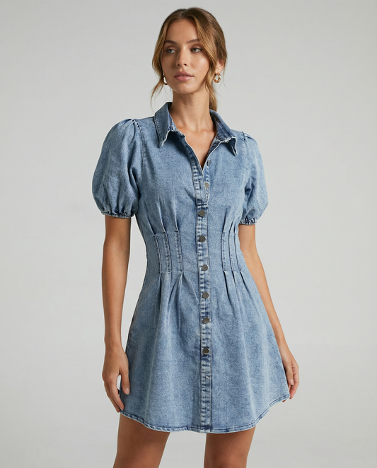 Amalfi Denim Dress – Puff Sleeve A-Line Summer Style 1