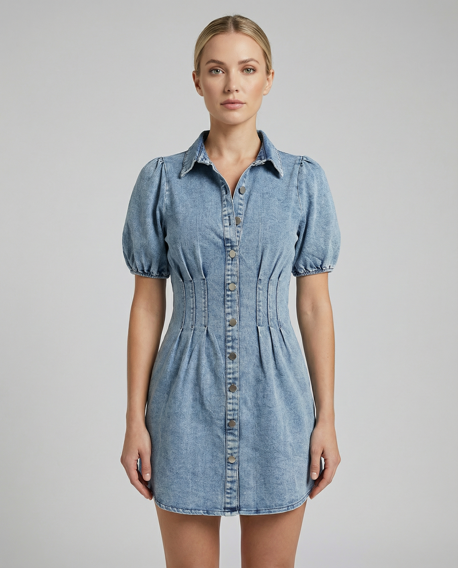 Amalfi Denim Dress – Puff Sleeve A-Line Summer Style 3