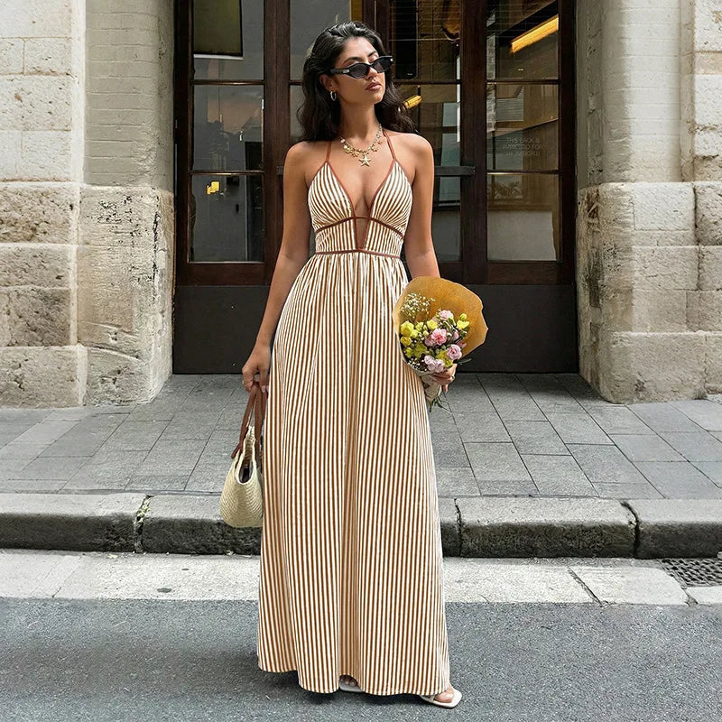 Amalfi Striped Maxi Dress – Elegant Backless Halter Neck for Summer Outings 0