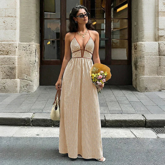 Amalfi Striped Maxi Dress – Elegant Backless Halter Neck for Summer Outings 0