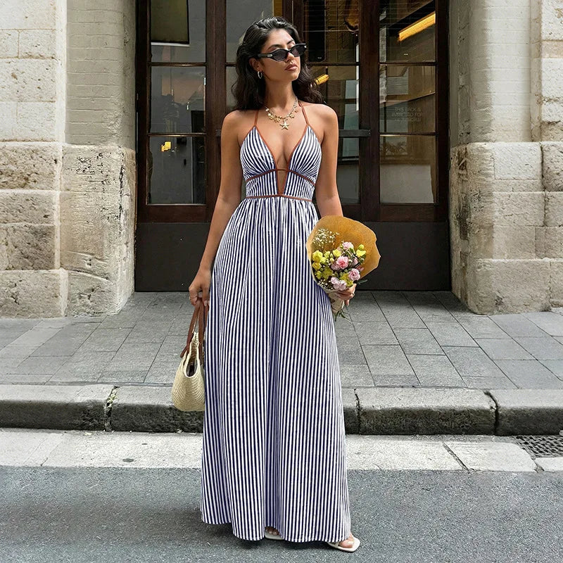 Amalfi Striped Maxi Dress – Elegant Backless Halter Neck for Summer Outings 3