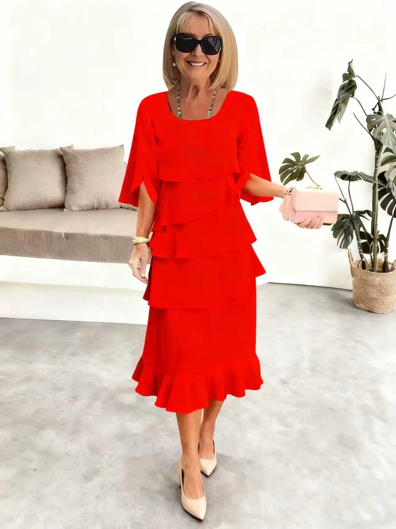 Amalfi Summer Ruffle Dress – Stylish O-Neck Design for Versatile Occasions 4
