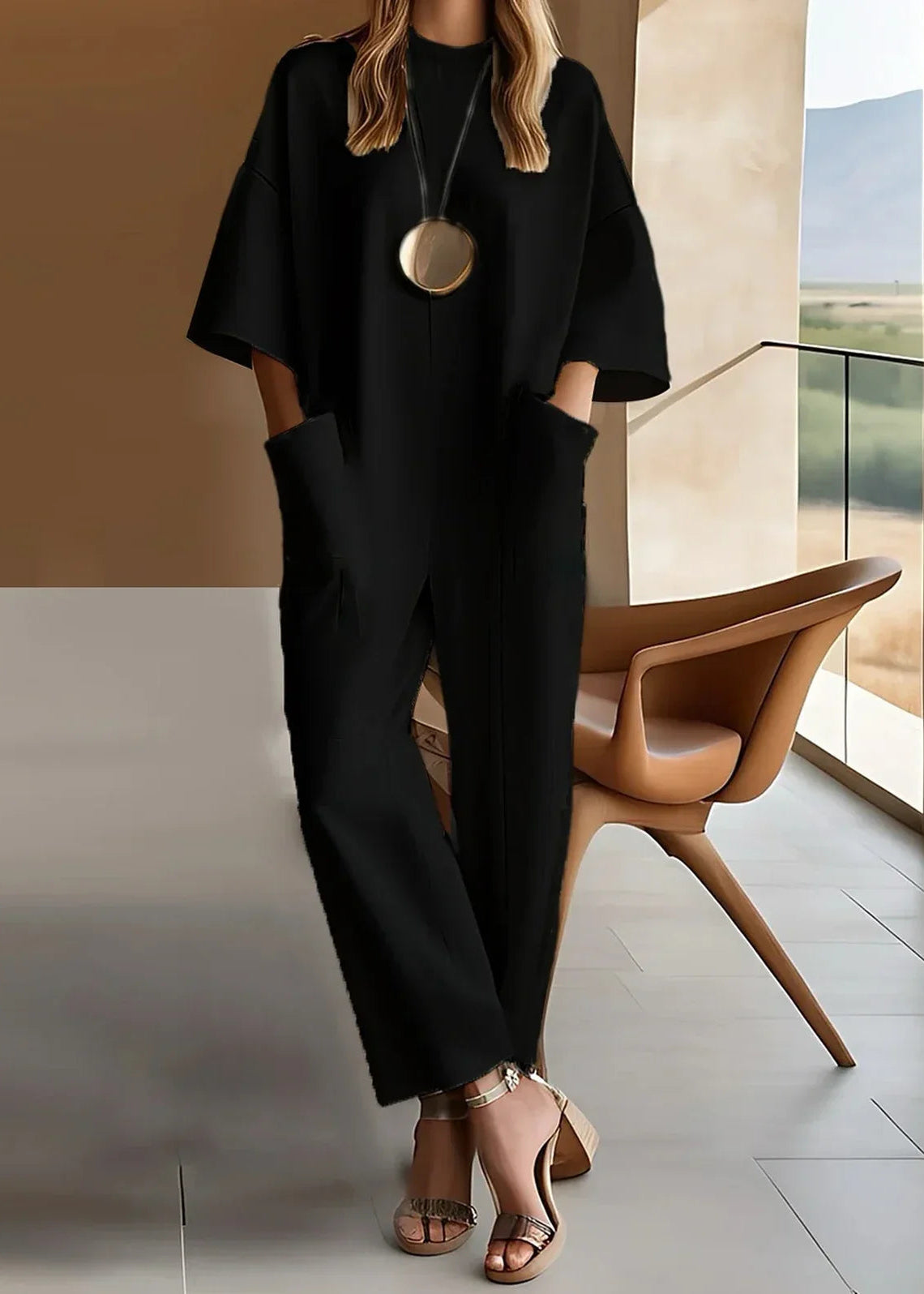 Aria | Women's Short Sleeve Wide Leg Jumpsuit Crew Neck 1