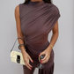 Asymmetric Ruched Chocolate Brown Mini Dress 0