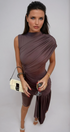 Asymmetric Ruched Chocolate Brown Mini Dress 0