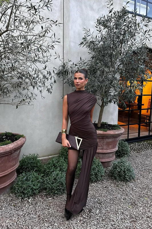 Asymmetric Ruched Chocolate Brown Mini Dress 4