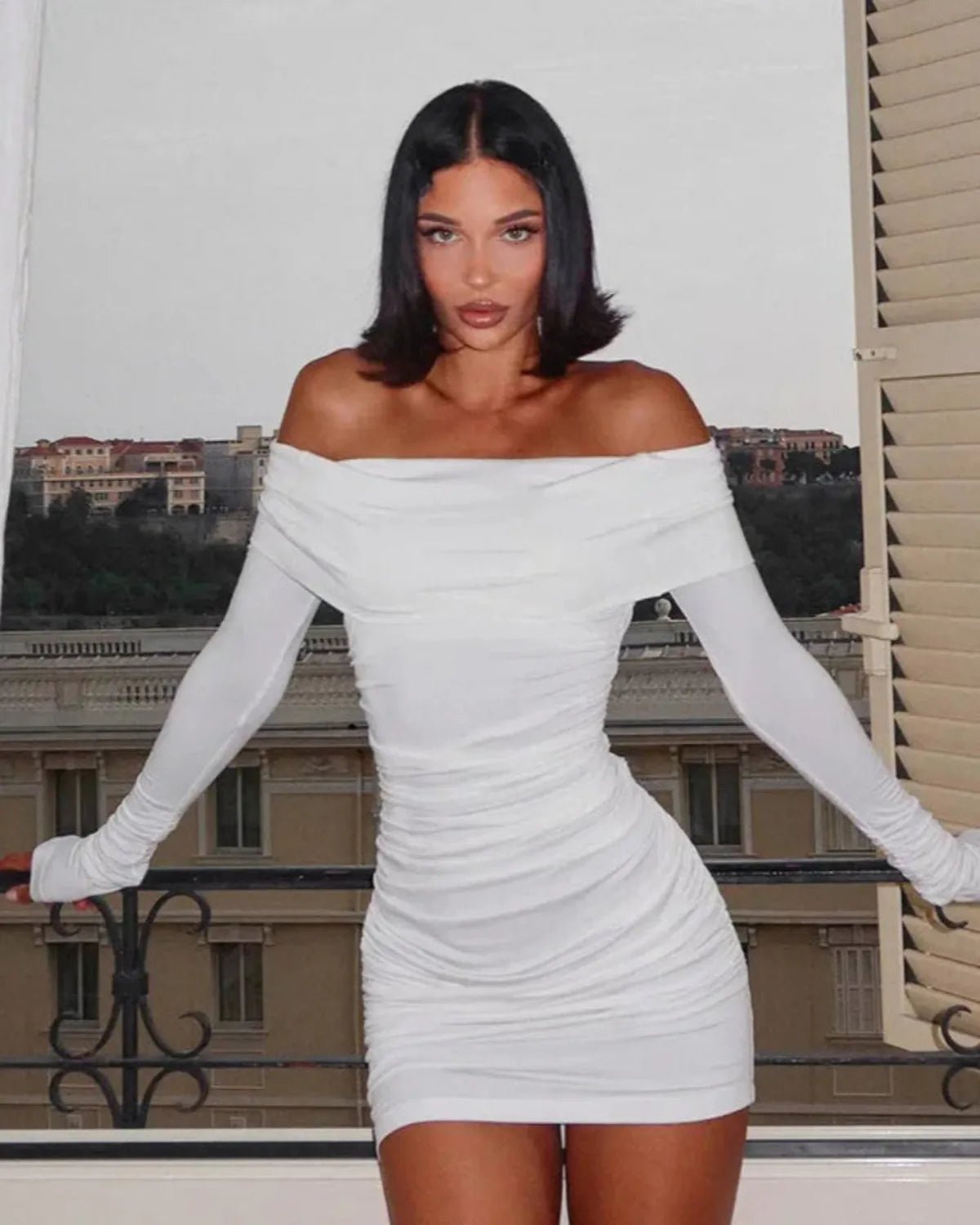 Asymmetrical Off-Shoulder Cocktail Mini Dress with Ruching 2