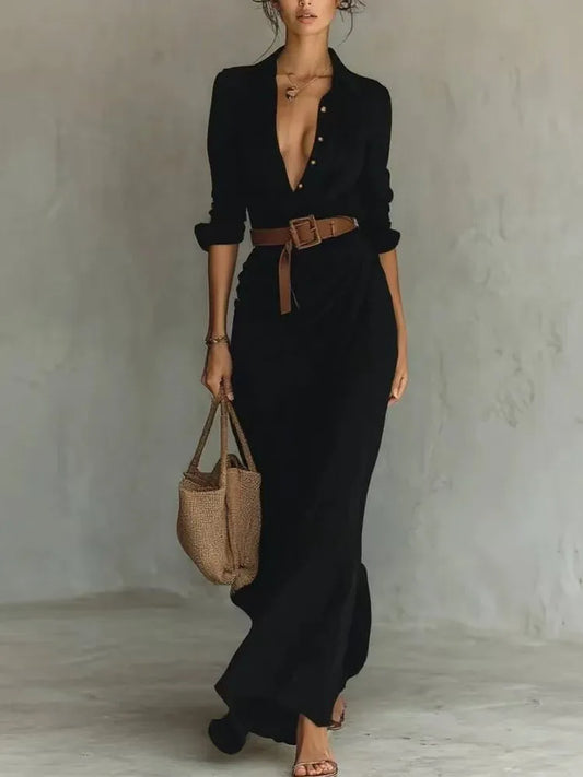 Herbstliches asymmetrisches Kleid – Eleganter V-Ausschnitt mit Falten für Tages- und Abendstil