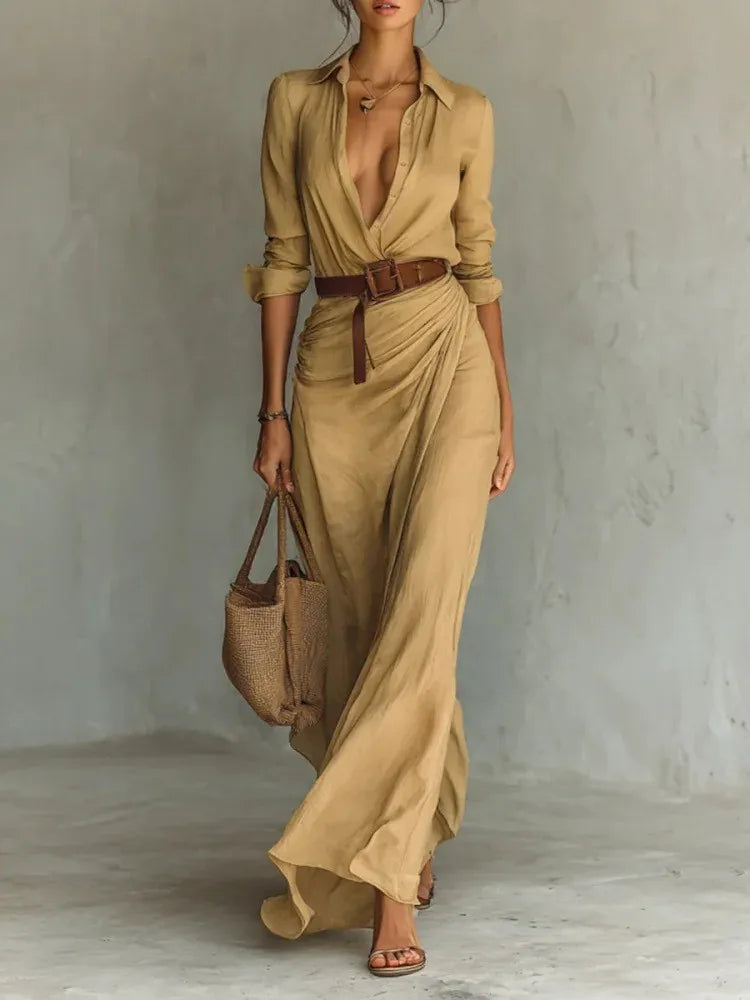 Abito asimmetrico autunnale – Elegante scollo a V plissettato da giorno a sera