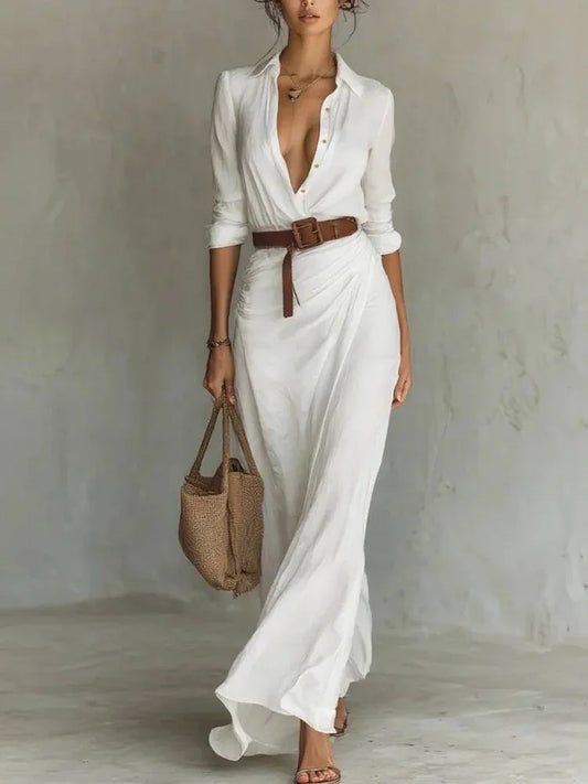 Autumn Asymmetrical Dress – Elegant V-Neck Pleated Day to Night Style