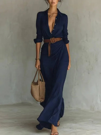Abito asimmetrico autunnale – Elegante scollo a V plissettato da giorno a sera