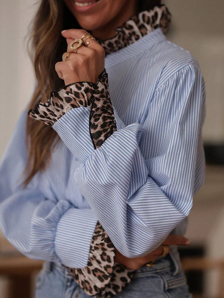 Autumn New Arrivals: Women's Elegant Casual Striped Leopard Print Patchwork Blouse - Suitable for All Seasons 0
