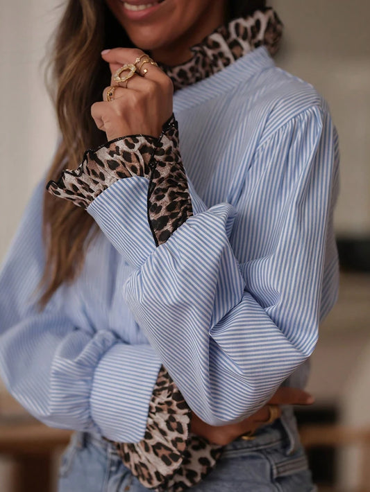 Autumn New Arrivals: Women's Elegant Casual Striped Leopard Print Patchwork Blouse - Suitable for All Seasons 0
