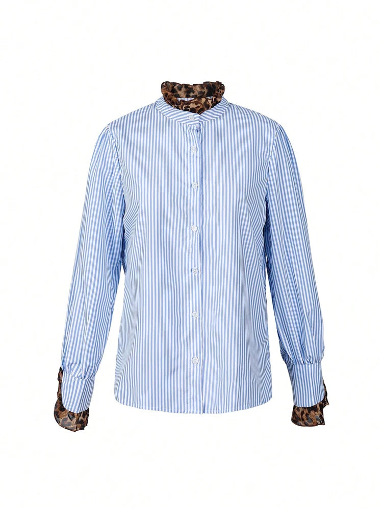 Autumn New Arrivals: Women's Elegant Casual Striped Leopard Print Patchwork Blouse - Suitable for All Seasons 5