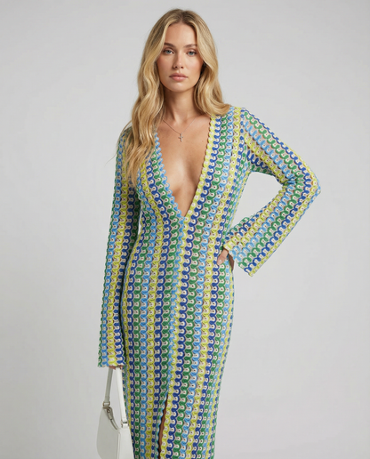 Autumn Striped Maxi Dress – Elegant Flare Sleeve Design for Versatile Seasonal Style 0