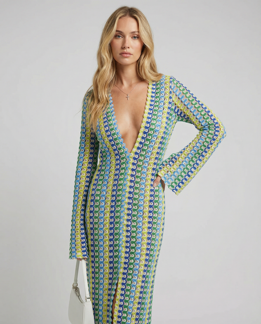 Autumn Striped Maxi Dress – Elegant Flare Sleeve Design for Versatile Seasonal Style 0