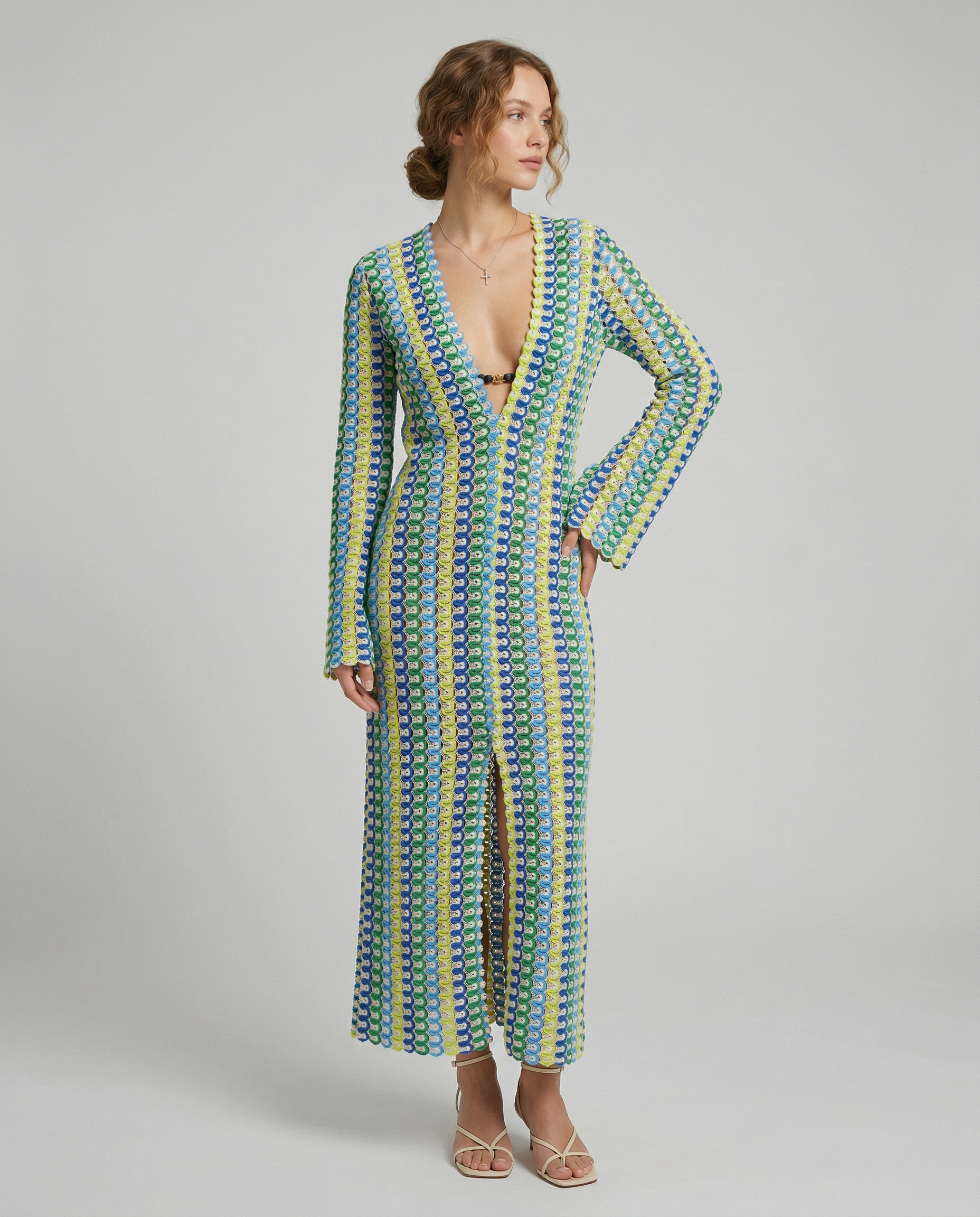 Autumn Striped Maxi Dress – Elegant Flare Sleeve Design for Versatile Seasonal Style 1