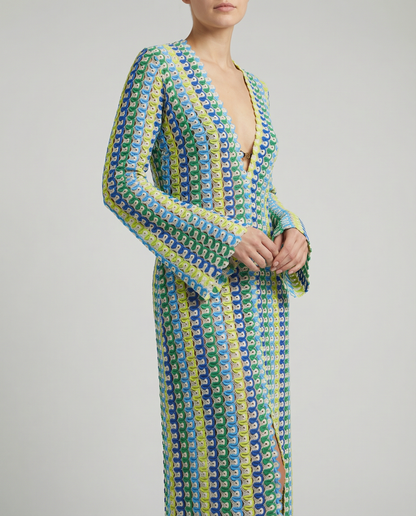 Autumn Striped Maxi Dress – Elegant Flare Sleeve Design for Versatile Seasonal Style 2