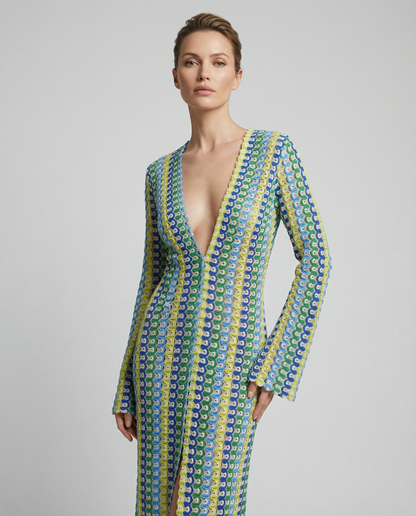 Autumn Striped Maxi Dress – Elegant Flare Sleeve Design for Versatile Seasonal Style 3
