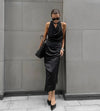 Black Satin Halter Wedding Guests Maxi Dress 0
