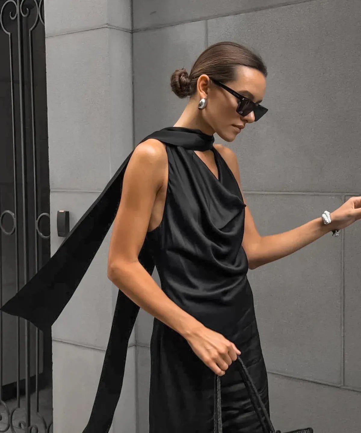 Black Satin Halter Wedding Guests Maxi Dress 2