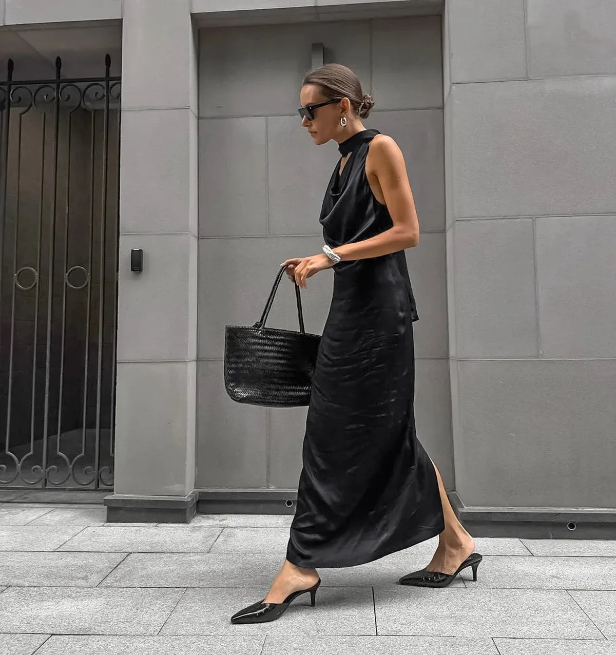 Black Satin Halter Wedding Guests Maxi Dress 4